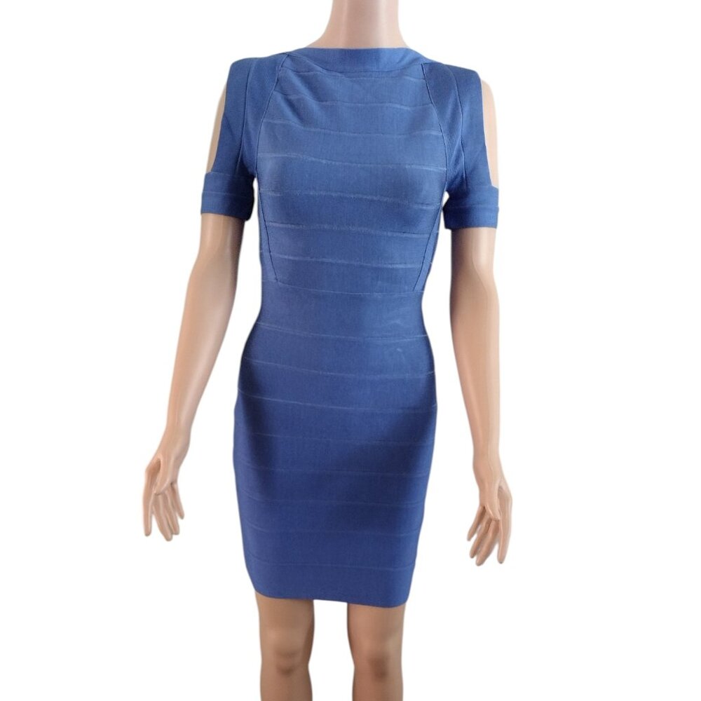 Rachael G Stretch Dress with Short Sleeves, Blue, Size S.